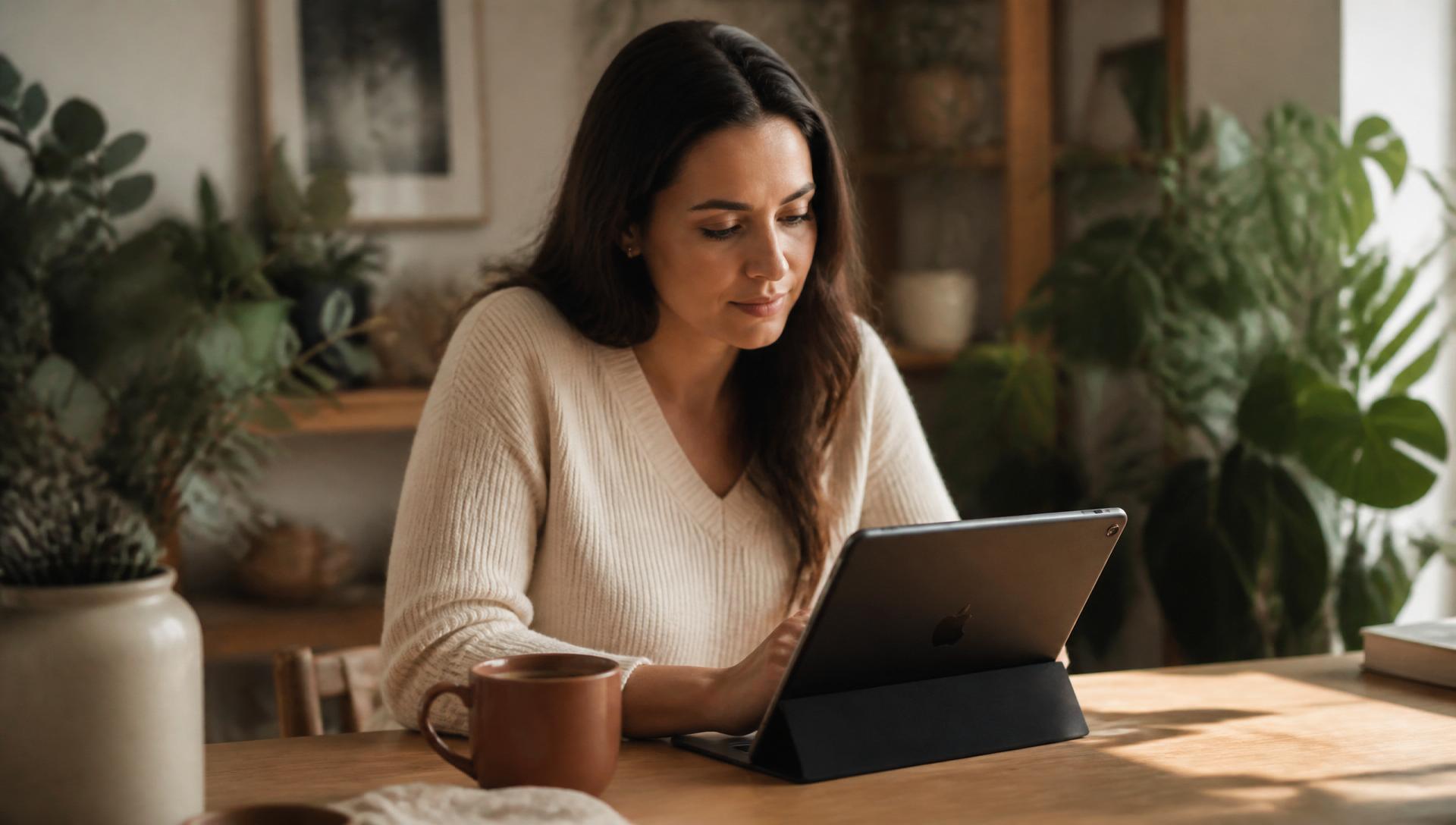 An everyday woman sitting at a sunlit table with a mug, looking at her iPad, surrounded by houseplants